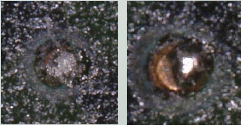 Figure 6. Typical results – water-soluble (left) vs. no-clean (right) using the same Type 6 powder size and reflow profile (RTP).